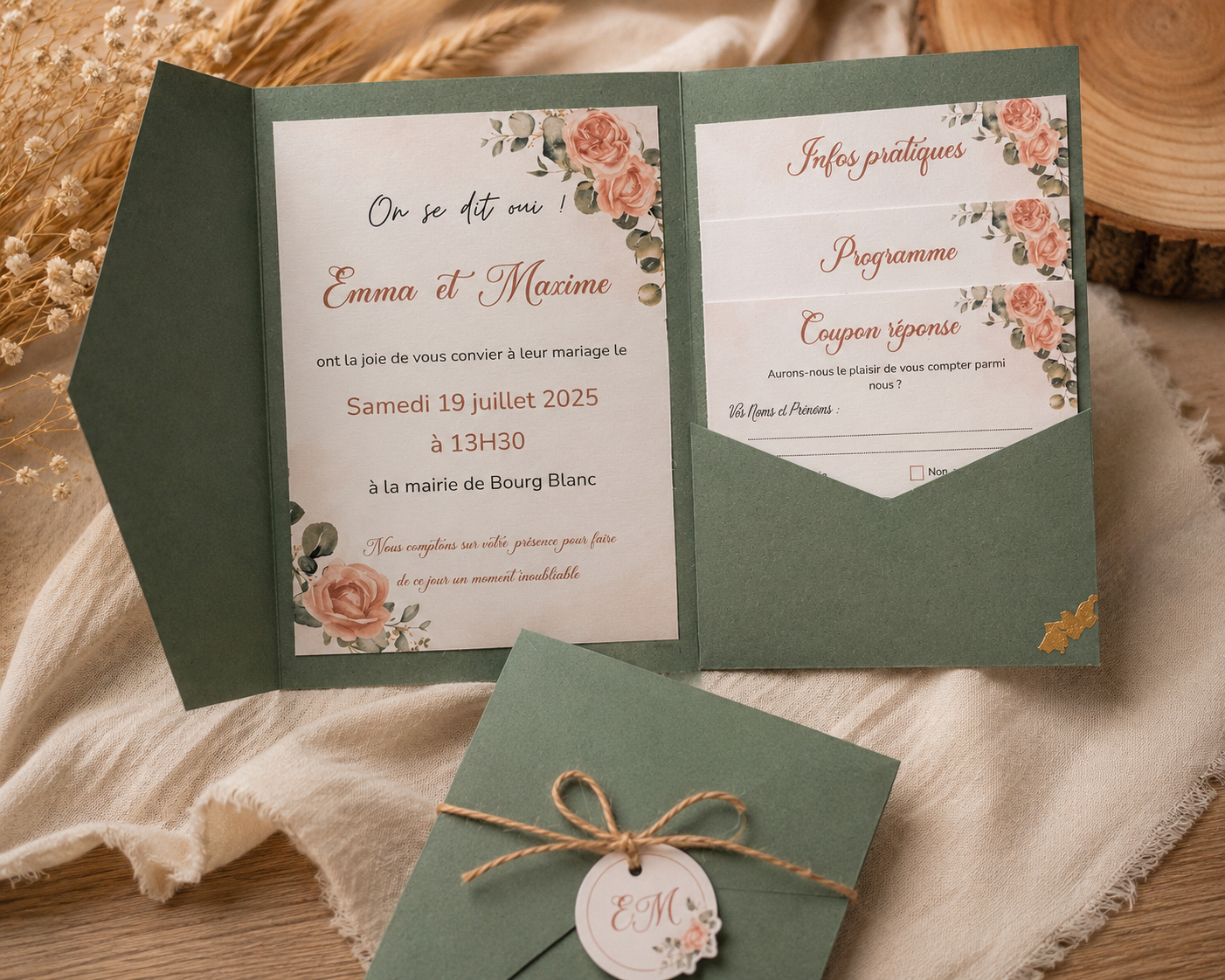 Faire-part de mariage 3 volets avec pochette et cartons d'invitation personnalisés