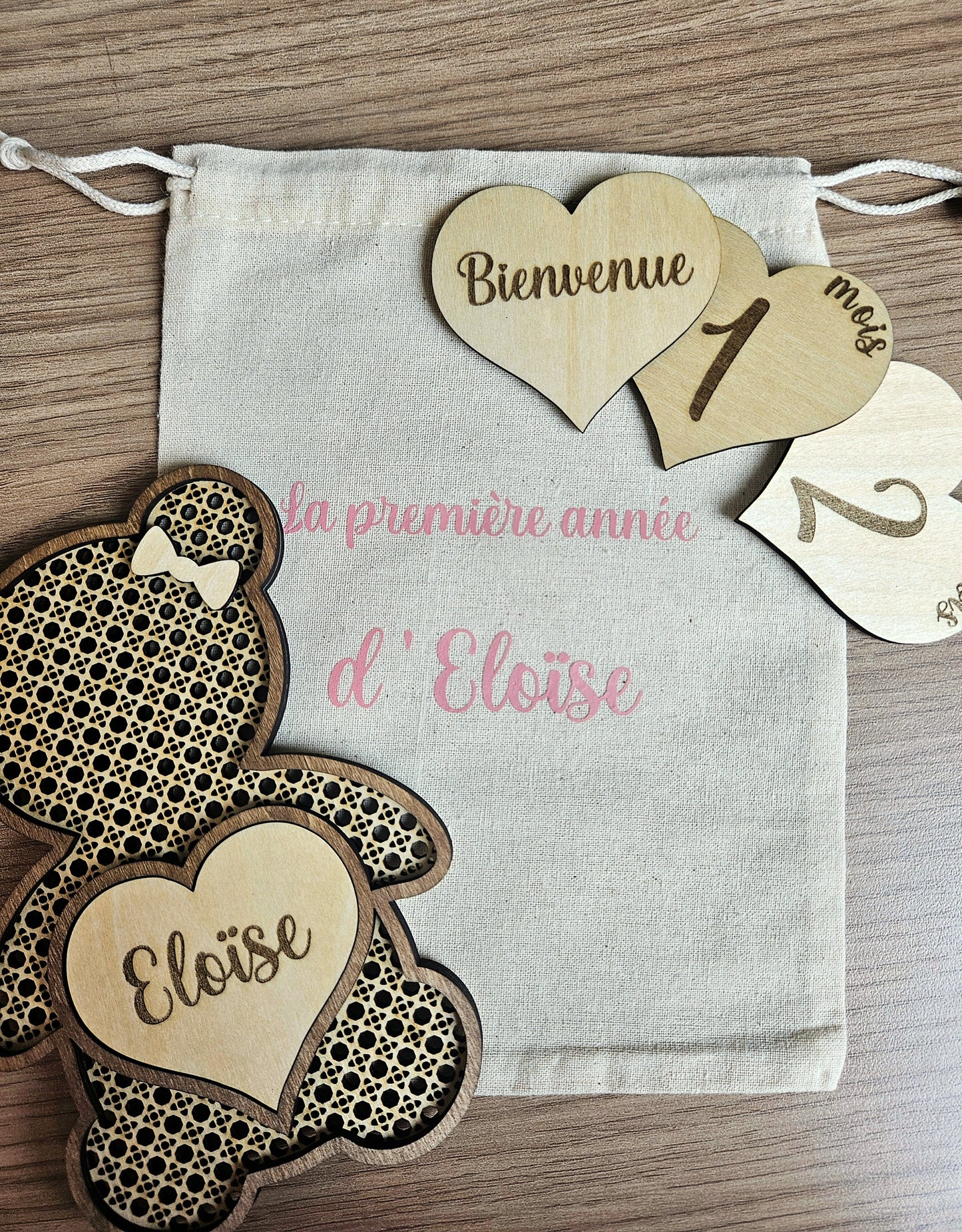 Carte étape Ourson personnalisée en bois – Souvenirs des premiers mois de bébé